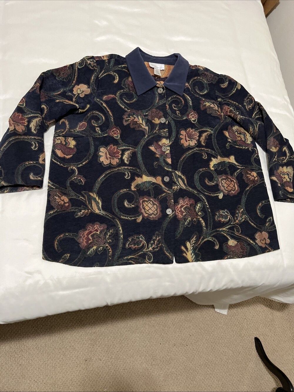 Susan Graver Tapestry Jacket Blazer Womens L 12  Paisley Floral Black Brown